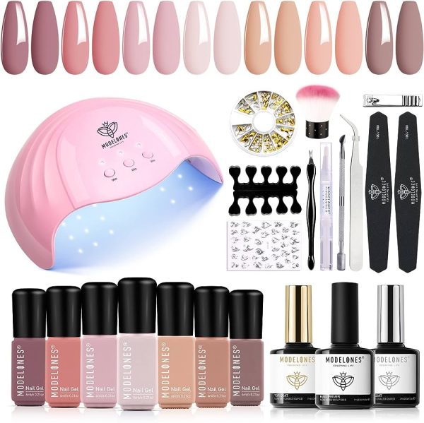 Modelones Gel Nail Polish Kit with UV Light - 4 Elegant Colors and 2 Glitter Gel