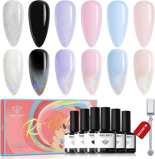 Modelones Soak Off UV LED Gel Nail Polish Set - 6 Color Collection Cat Eyes Color