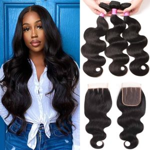 Mureen Brazilian Hair 3 Bundles with Closure Body Wave 4×4 Virgin Hair Lace