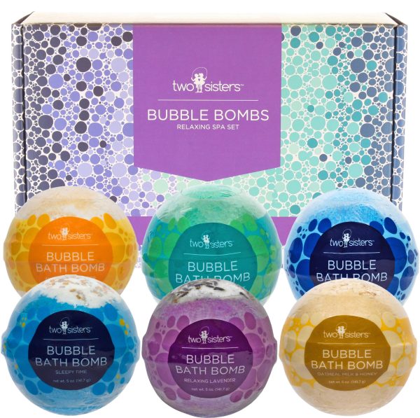 Relaxing Bubble Bath Bombs Gift Set by Two Sisters Spa. 6 Large 99% Natural Fizzies