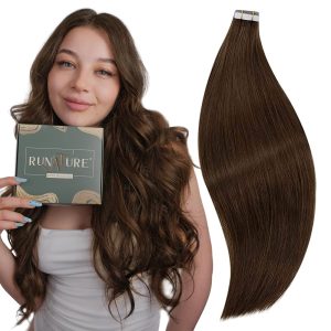 Tape on Straight Human Hair Extensions – 100% Remy Human Hair, 40pcs Full Head, #4/#27 Highlights