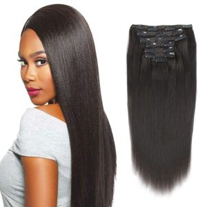 Sassina Clip in Human Hair Extensions Yaki Straight Style Natural Color Real Remy