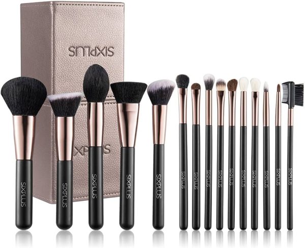 SIXPLUS 15Pcs Coffee Makeup Brush Set with Makeup Holder