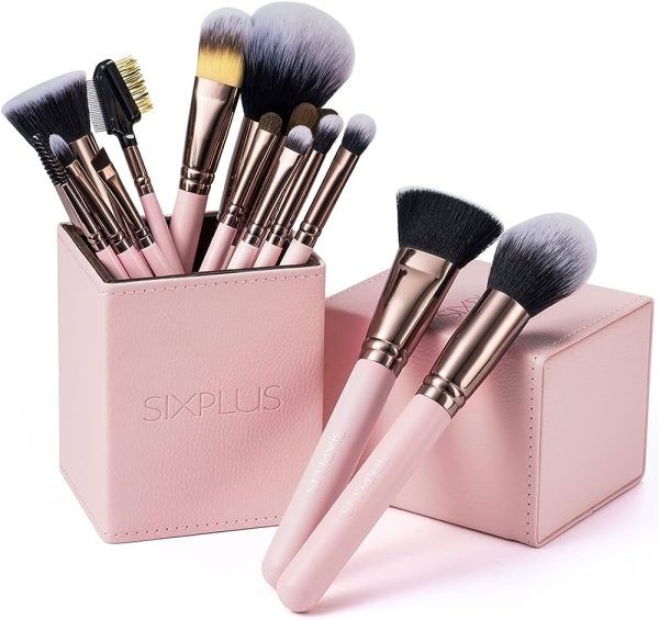SIXPLUS 15Pcs Pink Makeup Brush Set with Makeup Holder