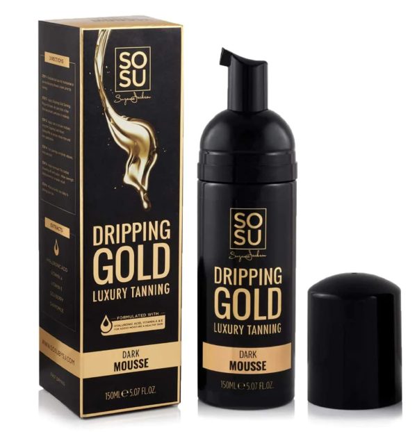 Get Your Glow On with SOSU Dripping Gold Luxury Tanning Mousse - Vegan, Cruelty-Free, Paraben-Free, and Packed with Hyaluronic Acid and Vitamins A & E