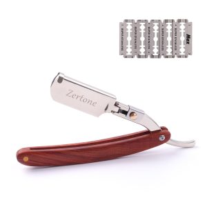 Straight Edge Razor Natural Wood Scale with 5 Double Edge Blades