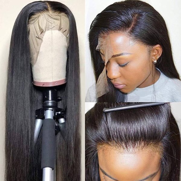 Straight Brazilian lace front human hair wig with pre-plucked hairline, adjustable cap, and 150% density for natural styling. 