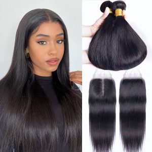 Straight Remy Human Hair Bundles with Closure 100% Unprocessed Brazilian
