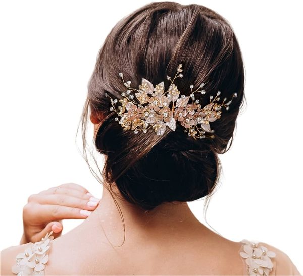 SWEETV Handmade Wedding Hair Comb Pearl Floral Leaf Bridal Hair Accessories