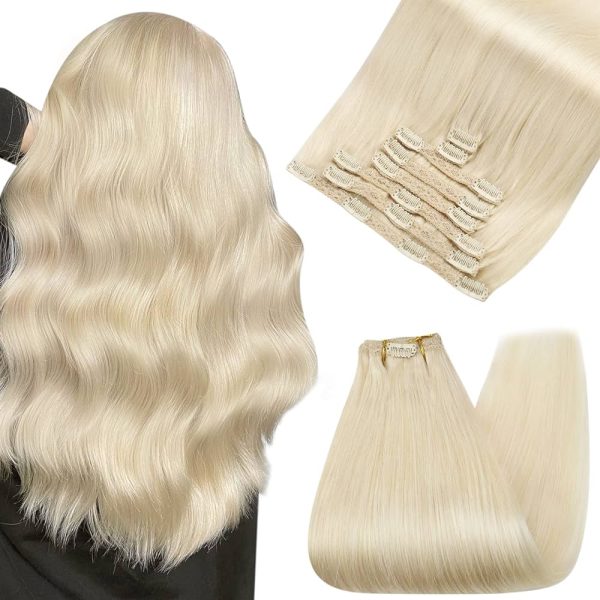 Ugeat 20 Inch Real Human Hair Clip in Extensions Solid Color Platinum