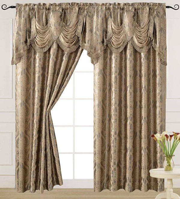 V Luxury Jacquard Curtain Panel with Attached Waterfall Valance