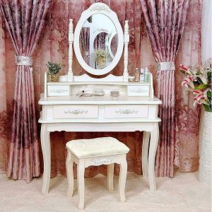 Vanity Makeup Dressing Table Set Stool 4 Drawer & Mirror Jewelry Wood Desk
