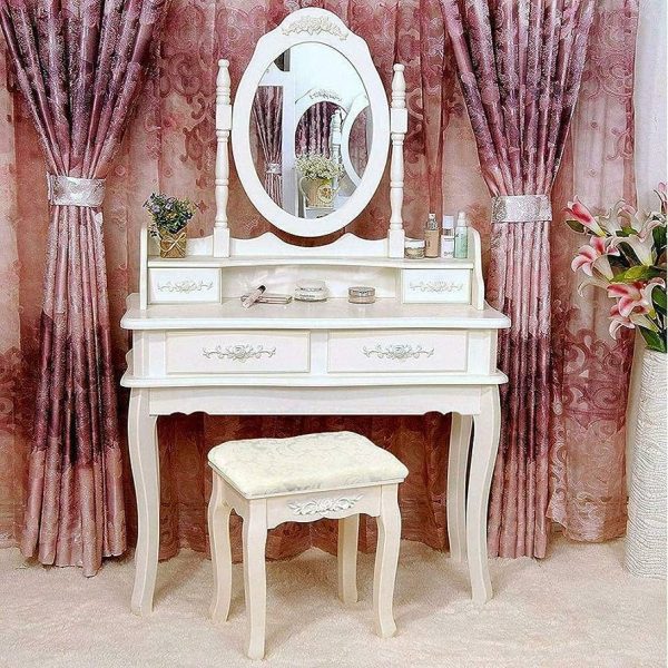 Vanity Makeup Dressing Table Set Stool 4 Drawer & Mirror Jewelry Wood Desk
