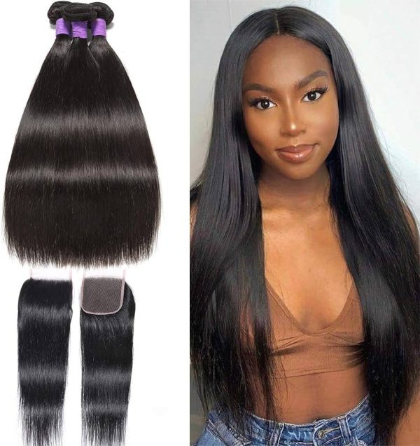 WOME 3 Pieces Peruvian Straight Hair Weave With 4x4 Lace Frontal Closure