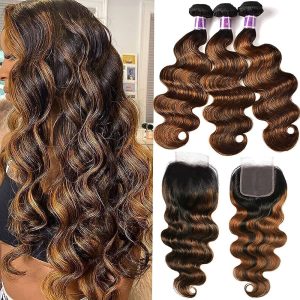 WOME Brazilian Remy Hair 3 Bundles Body Wave Hair Weaves With 4x4 Lace