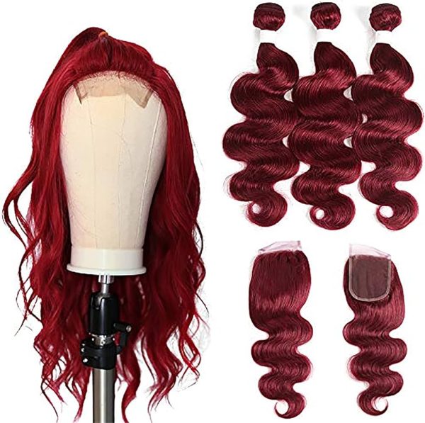 X-tress Brazilian Remy Hair Burgundy Bundles with Free Part Lace