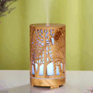 200ml wood grain aroma diffuser with 7-color LED light, ideal for home and office relaxation. 